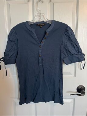 DownEast Navy Button-Front Puff Sleeve Henley